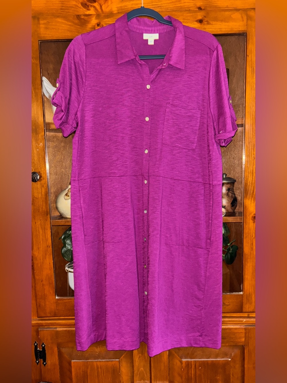 J. Jill Womens Large Fuchsia Button-Front Knit Cotton/Modal Dress w/pockets